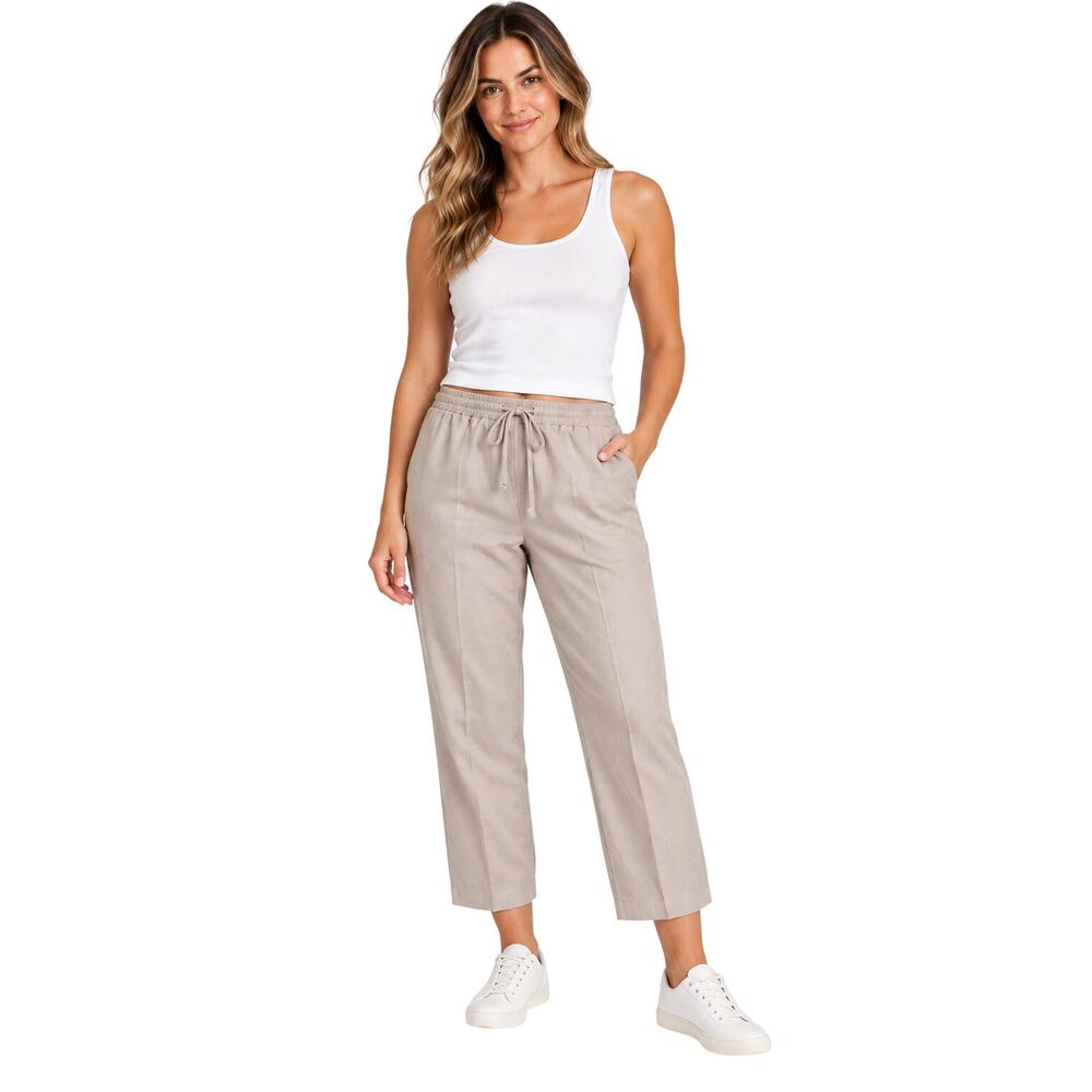 Neutral pull on pants w/ drawstring waist high rise lightweight straight size 8